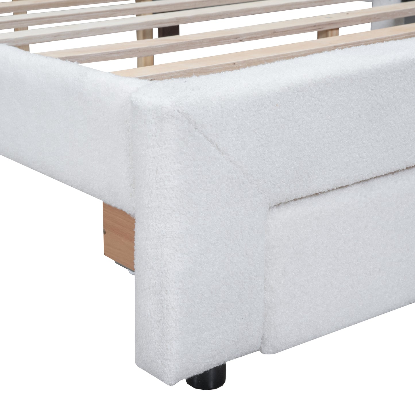 Teddy Fleece Queen Size Upholstered Platform Bed with Drawer, White