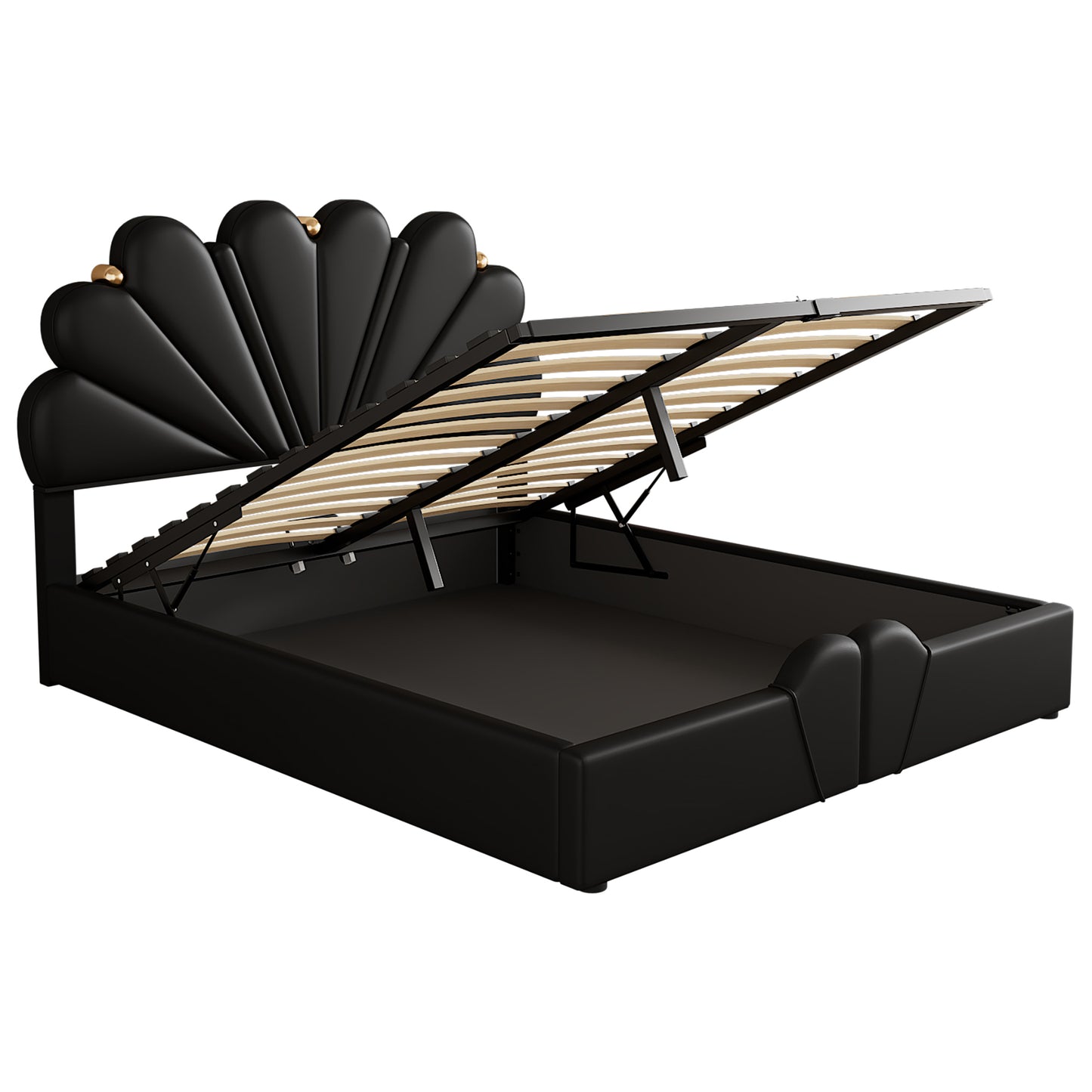 Queen Size Upholstered  Petal Shaped Platform Bed  with Hydraulic Storage System, PU Storage Bed, Decorated with metal balls, Black