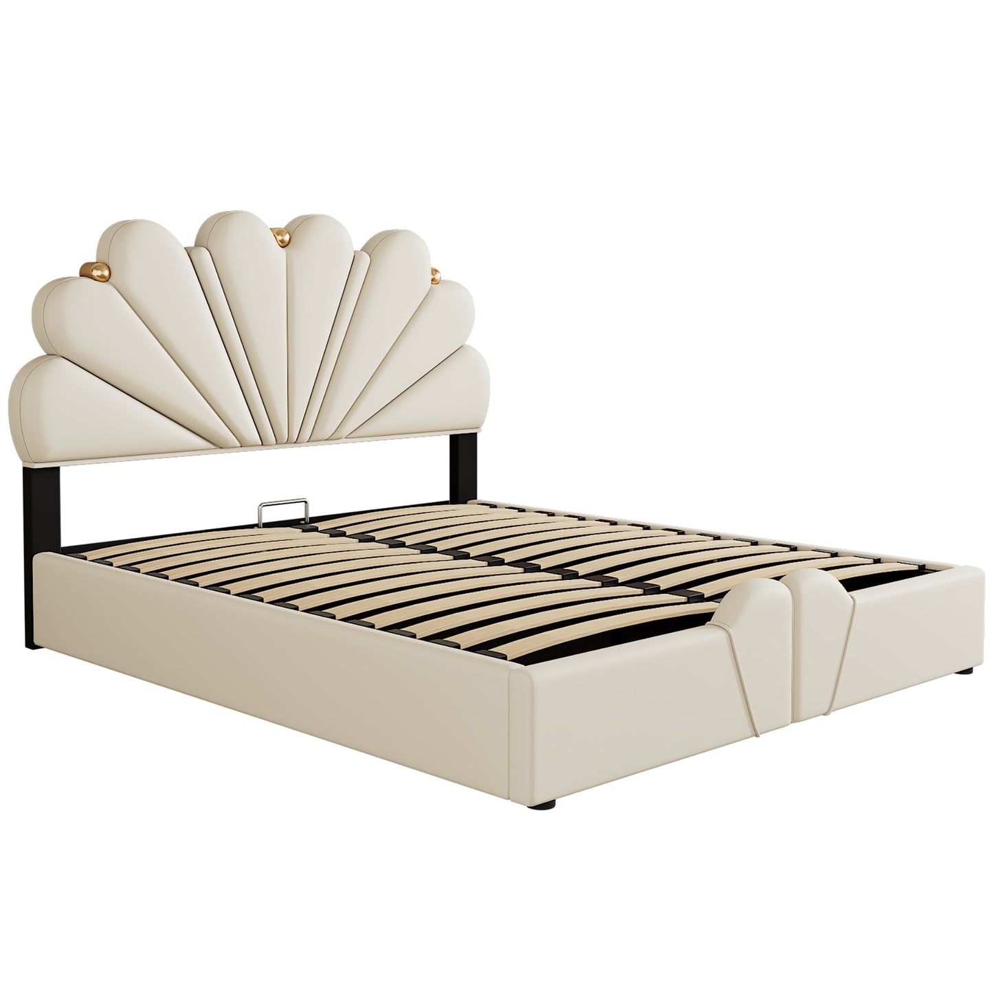 Queen Size Upholstered  Petal Shaped Platform Bed  with Hydraulic Storage System, PU Storage Bed, Decorated with metal balls, Beige