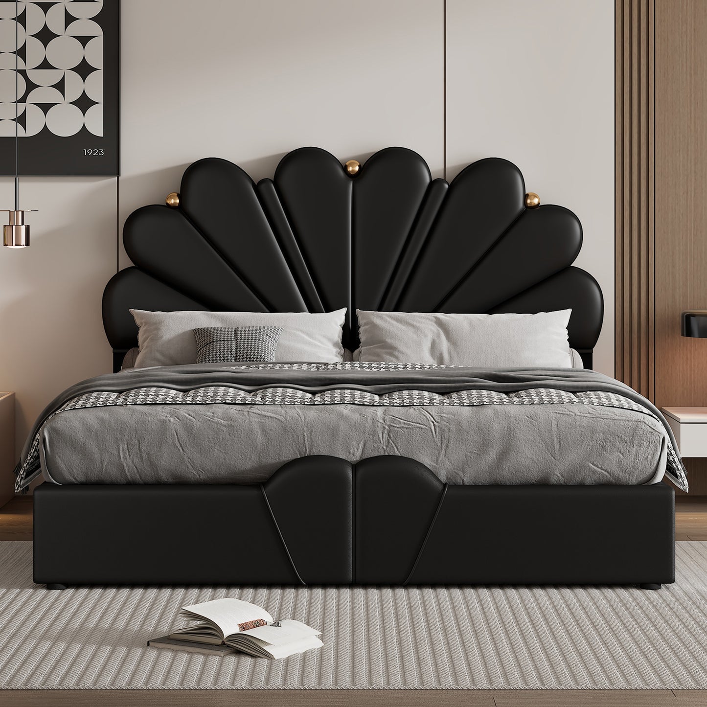Queen Size Upholstered  Petal Shaped Platform Bed  with Hydraulic Storage System, PU Storage Bed, Decorated with metal balls, Black