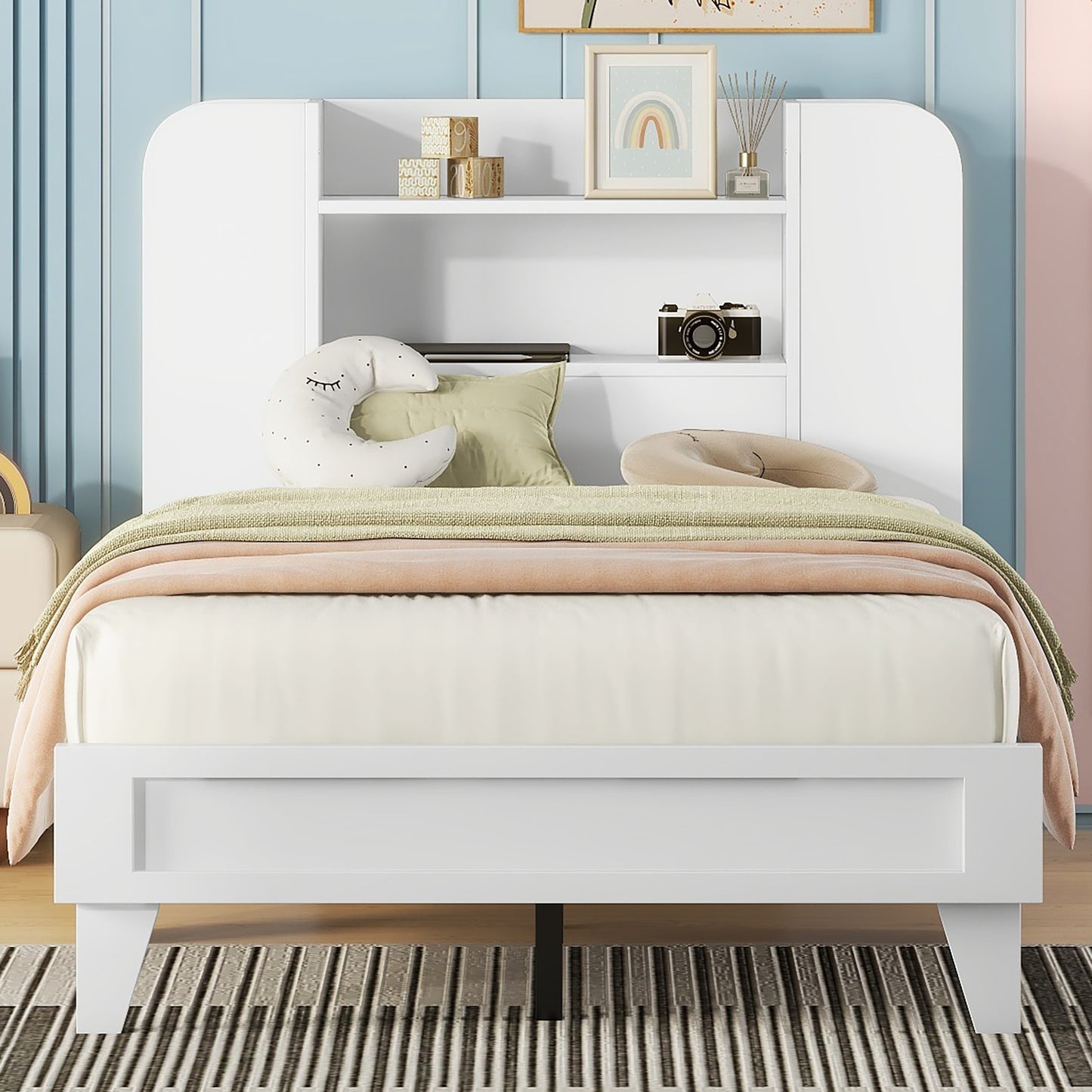 Twin Size Platform Bed with Storage Headboard,Multiple Storage Shelves on Both Sides,White
