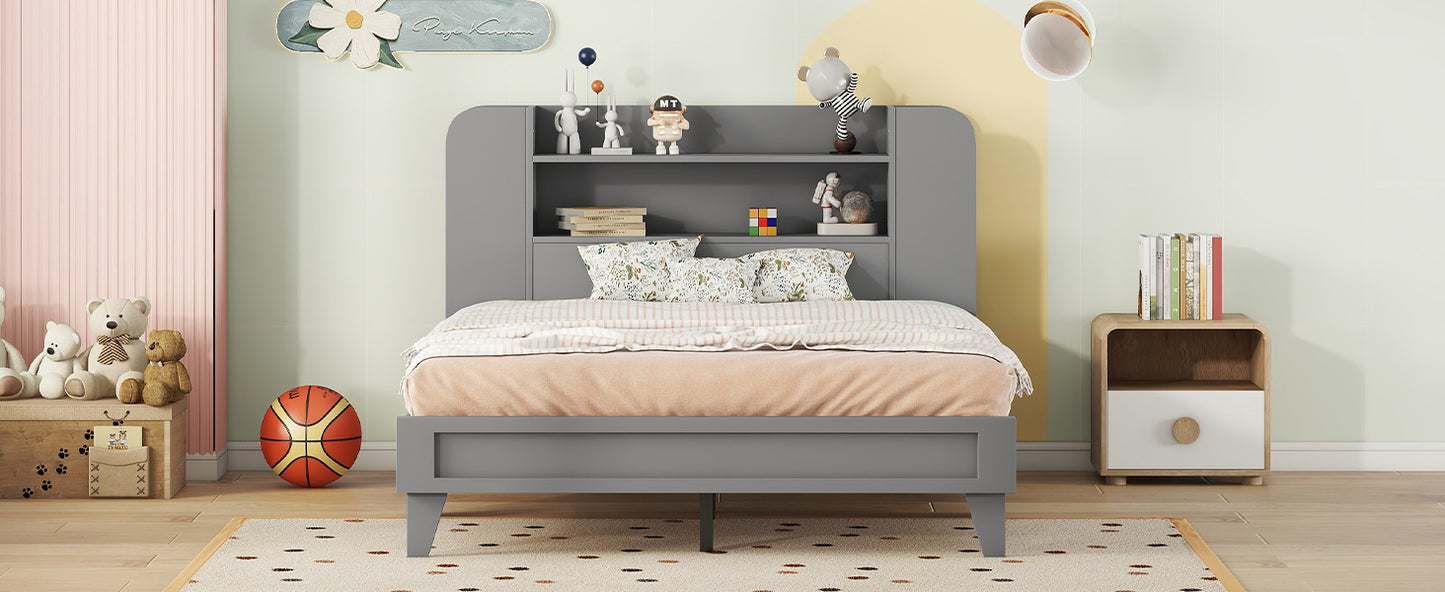 Full Size Platform Bed with Storage Headboard,Multiple Storage Shelves on Both Sides,Grey