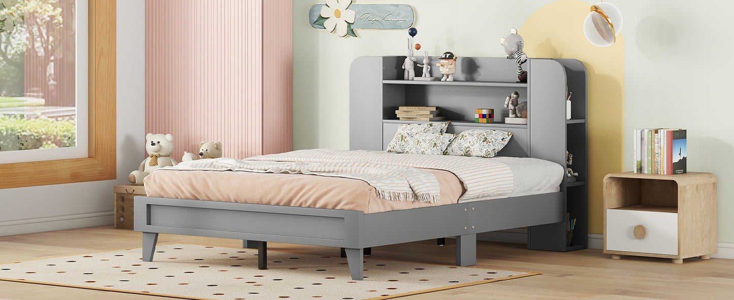 Full Size Platform Bed with Storage Headboard,Multiple Storage Shelves on Both Sides,Grey