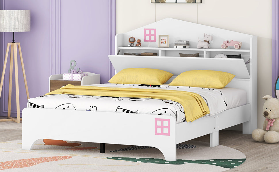 Wooden Full Size House Platform Bed with Storage Headboard ,Kids Bed with Storage Shelf,White