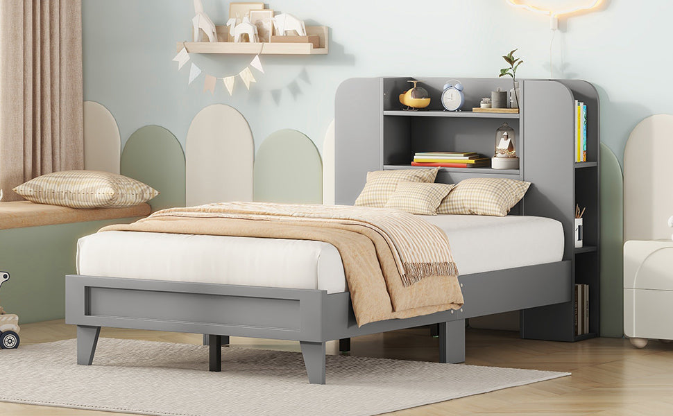 Twin Size Platform Bed with Storage Headboard,Multiple Storage Shelves on Both Sides,Grey