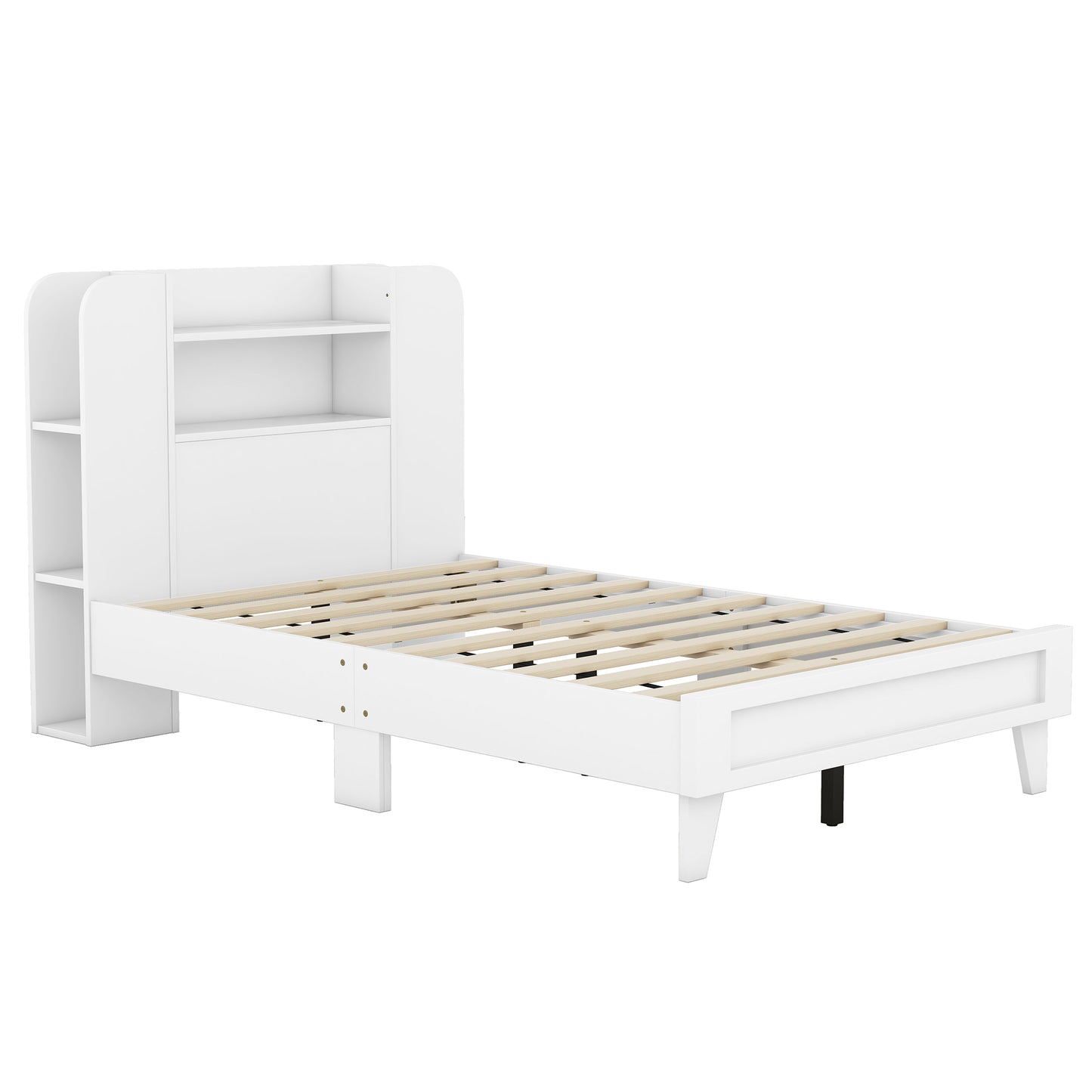 Twin Size Platform Bed with Storage Headboard,Multiple Storage Shelves on Both Sides,White