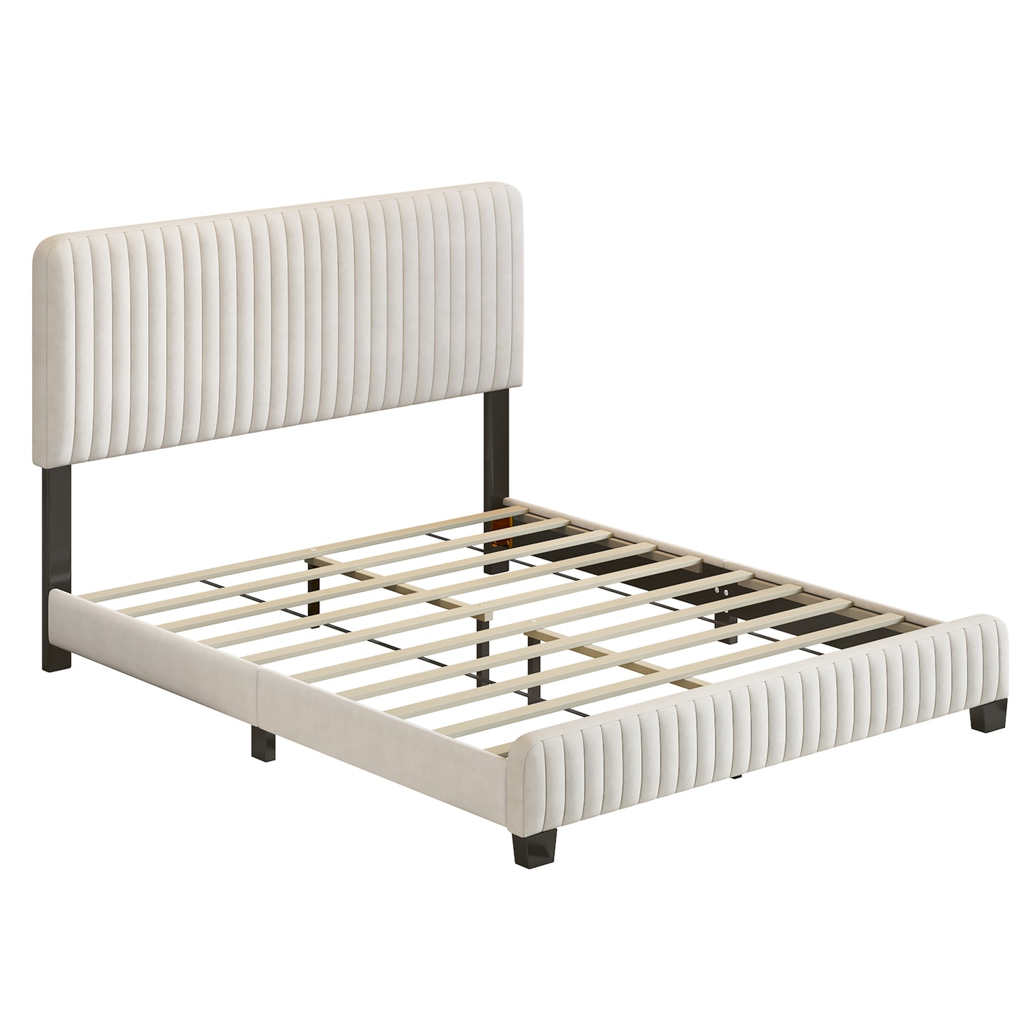 Queen Size Upholstered Platform Bed,No Box Spring Needed, Velvet Fabric,Beige