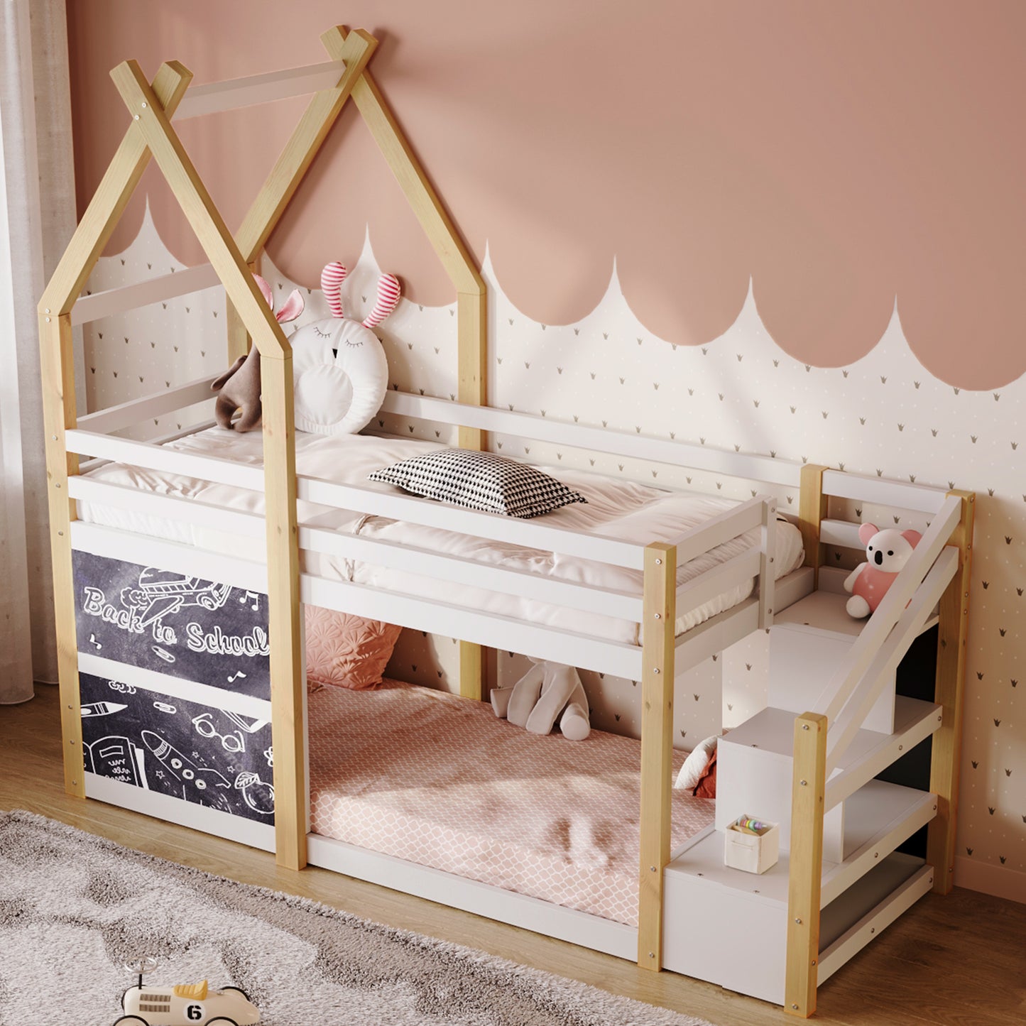 Twin over Twin House Bunk Bed with White Storage Staircase and 2 Blackboards, White and Natural