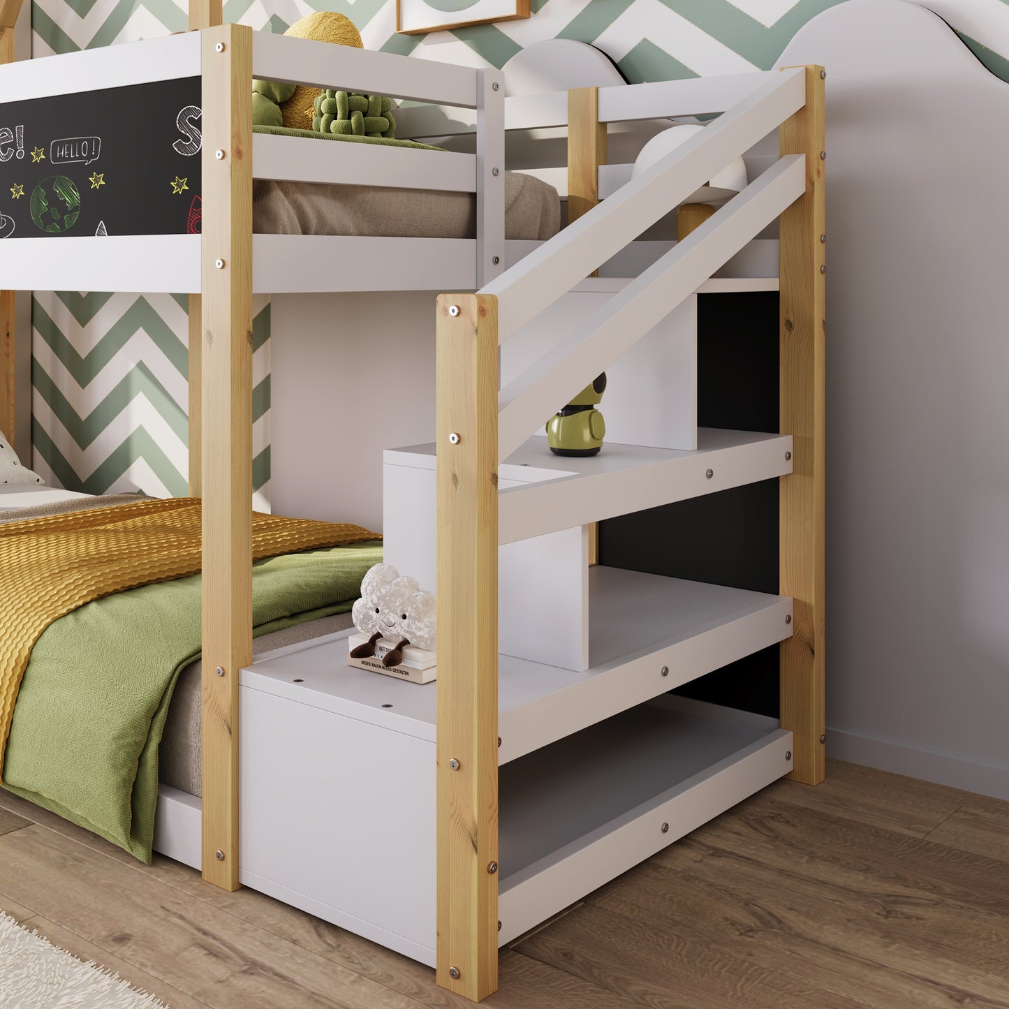 Twin over Twin House Bunk Bed with White Storage Staircase and Blackboard, White and Natural