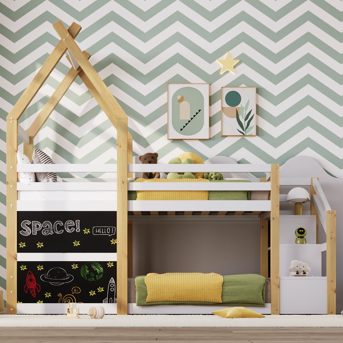Twin over Twin House Bunk Bed with White Storage Staircase and 2 Blackboards, White and Natural