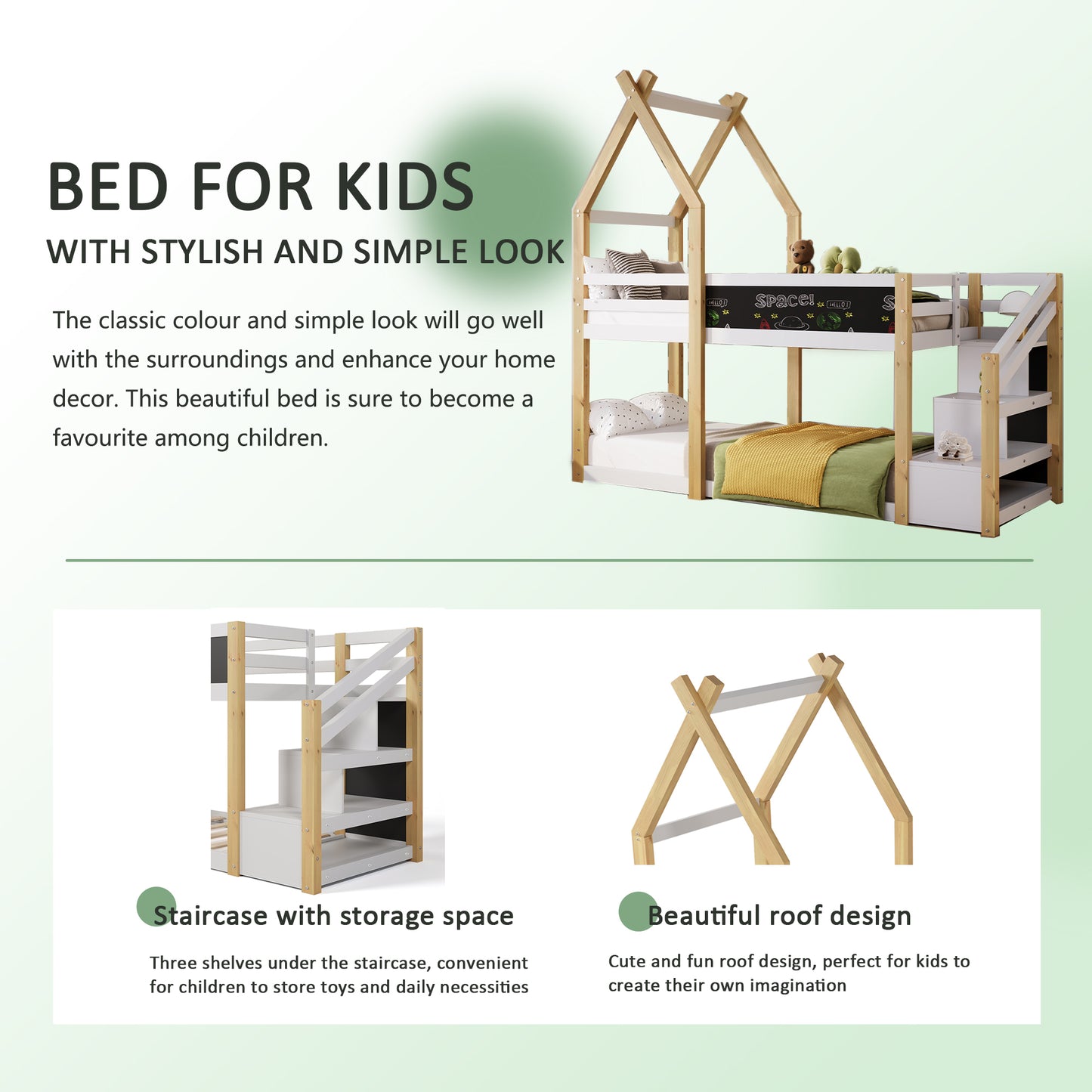 Twin over Twin House Bunk Bed with White Storage Staircase and Blackboard, White and Natural