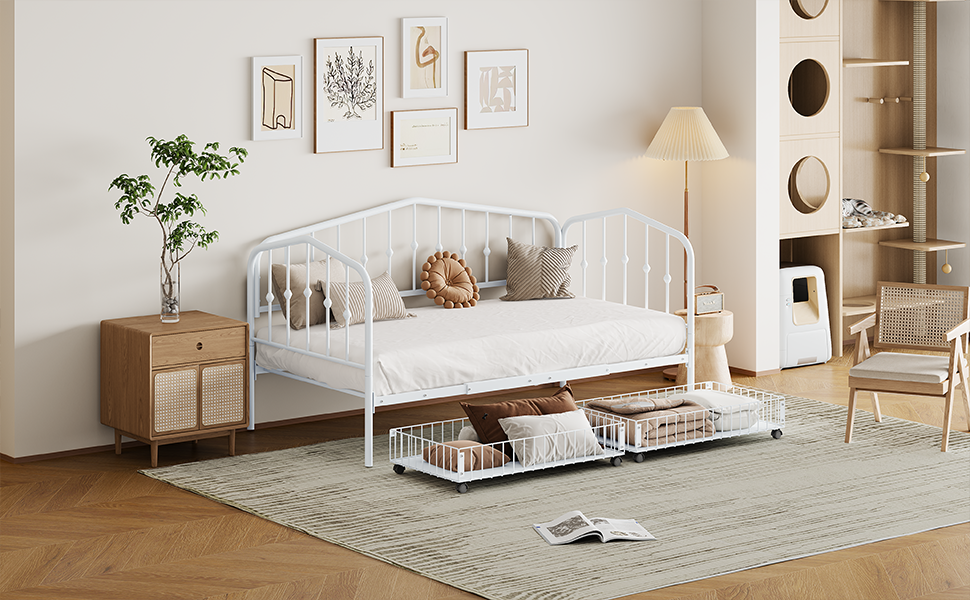 Twin Size Stylish Metal Daybed with 2 Drawers, White