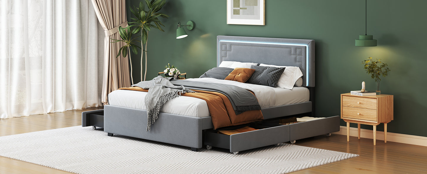 Queen Size Upholstered Platform Bed with Rivet-decorated Headboard, LED bed frame and 4 Drawers, Gray