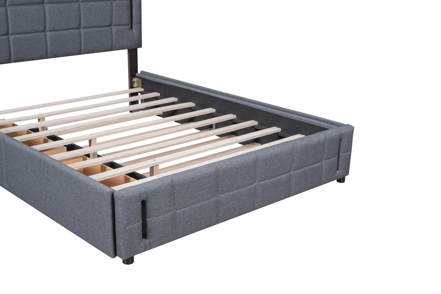 Queen Size Upholstered Platform Bed with Trundle and Drawers, Gray