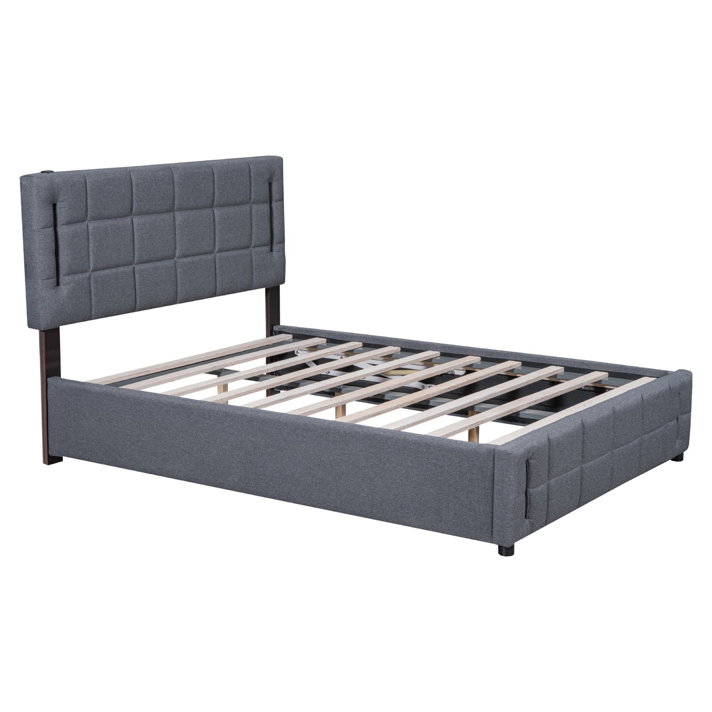 Queen Size Upholstered Platform Bed with Hydraulic Storage System and LED Light, Gray