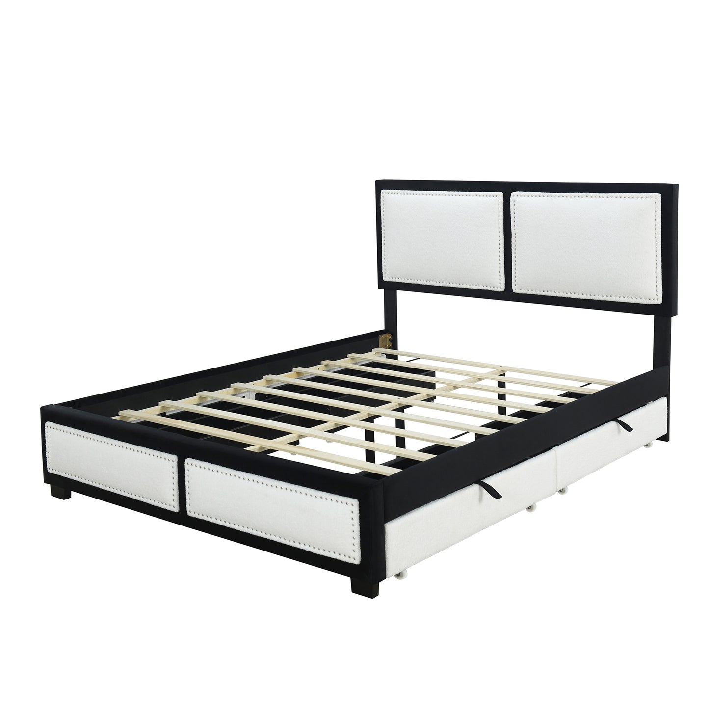 Queen Size Upholstered Platform Bed with Large Rivet-decorated Backrests and 4 Drawers, Velvet matched with Teddy Fleece, Black+White