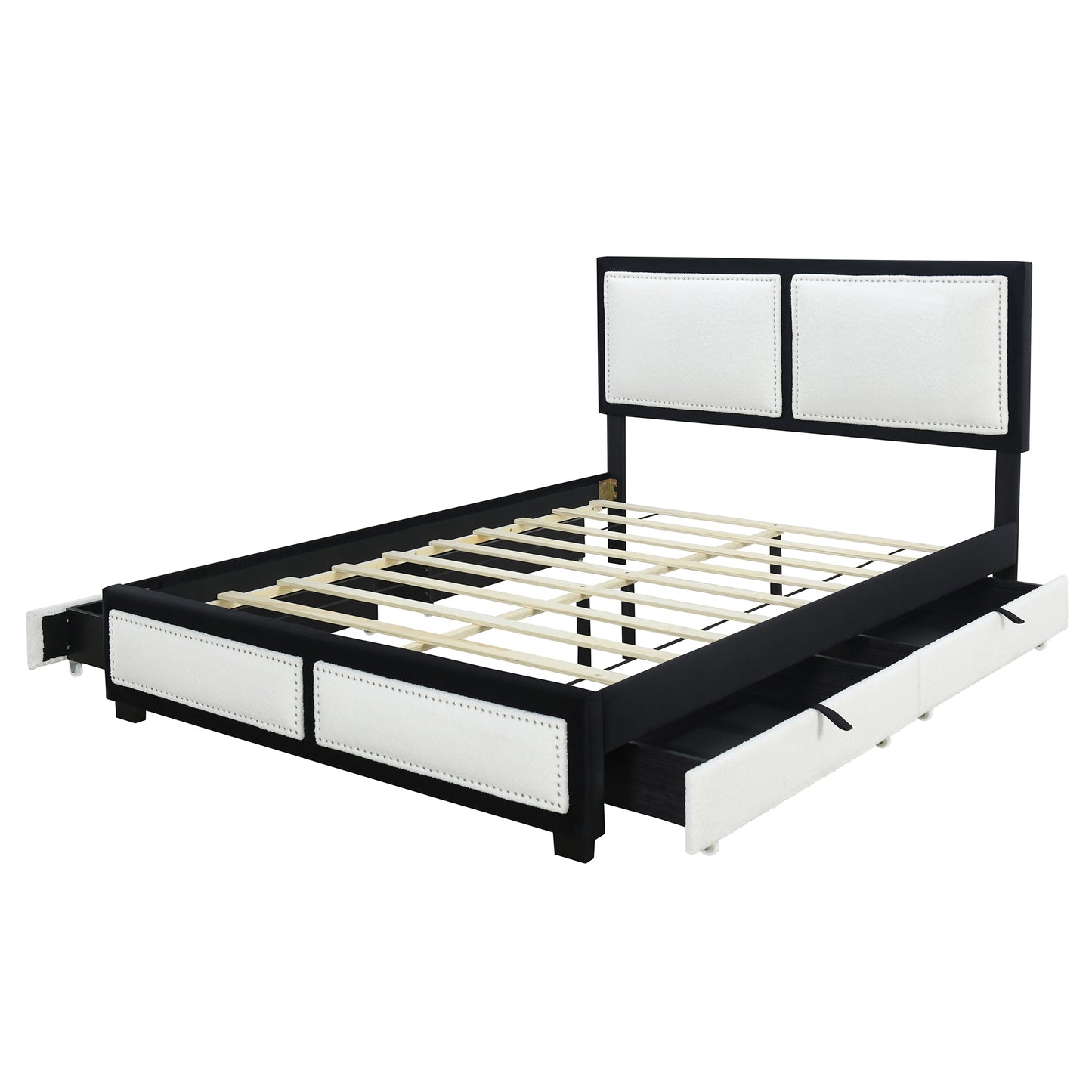Queen Size Upholstered Platform Bed with Large Rivet-decorated Backrests and 4 Drawers, Velvet matched with Teddy Fleece, Black+White
