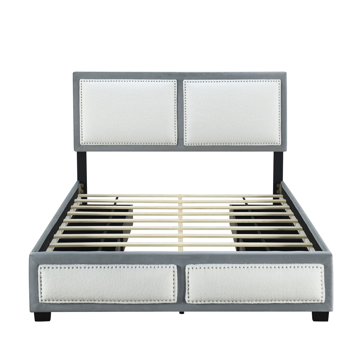 Queen Size Upholstered Platform Bed with Large Rivet-decorated Backrests and 4 Drawers, Velvet matched with Teddy Fleece, Gray+White