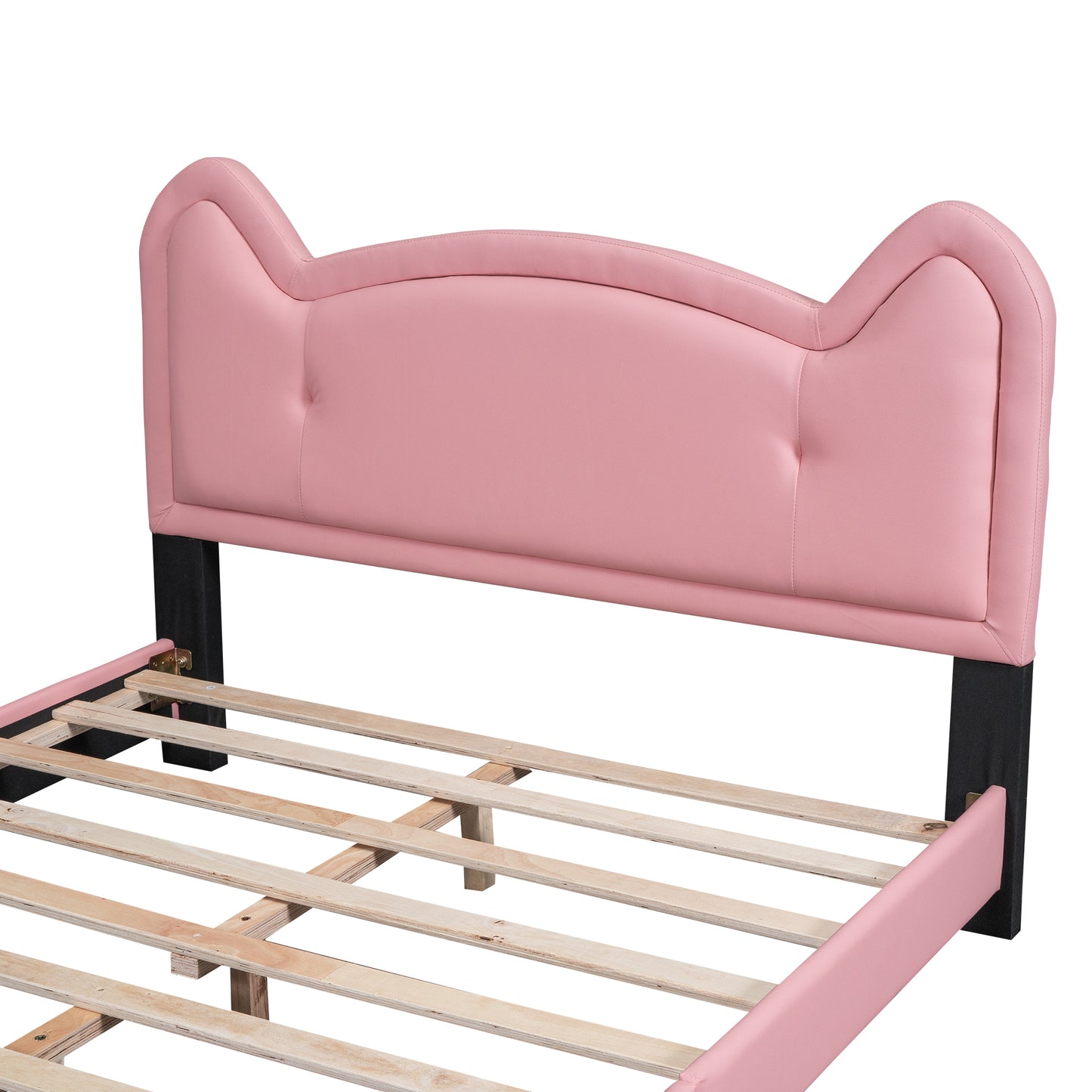 Full Size Upholstered Platform Bed with Carton Ears Shaped Headboard, Pink