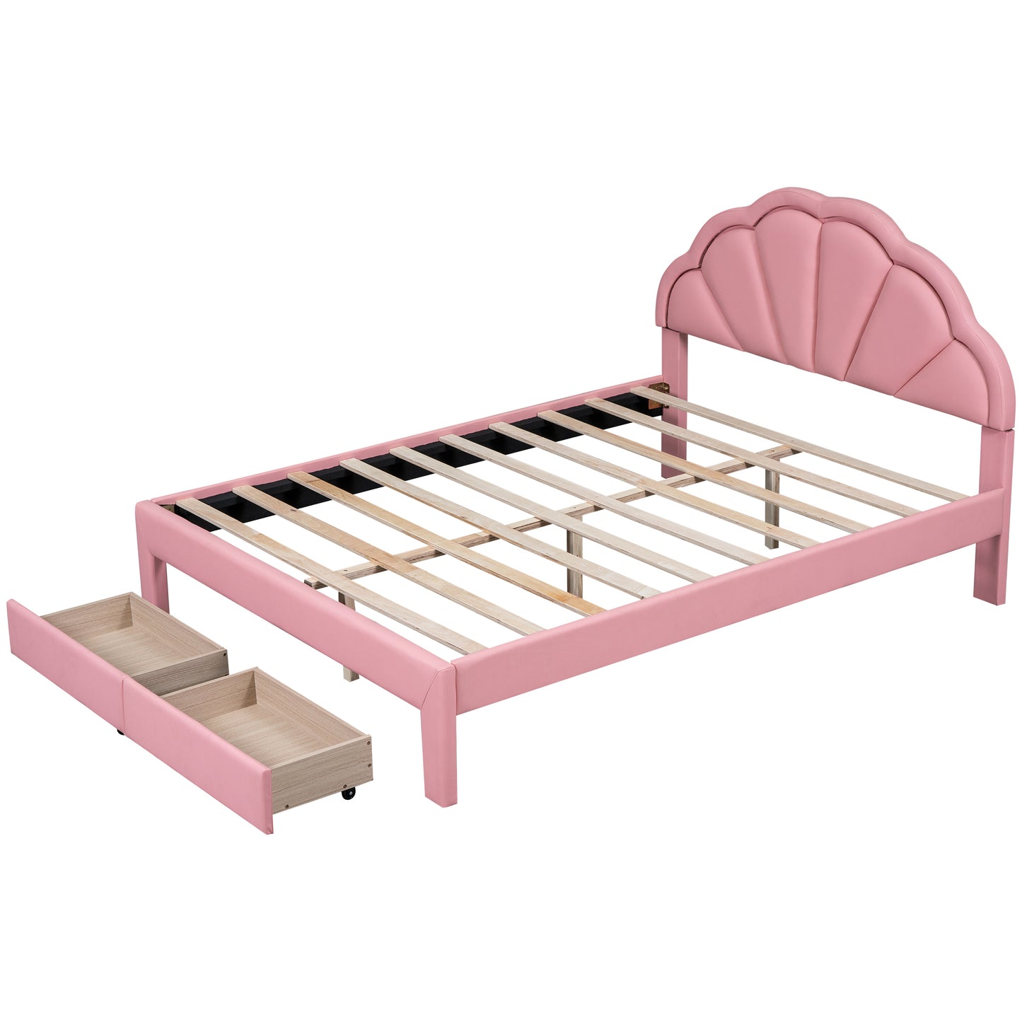 Queen Size Upholstered Platform Bed with Seashell Shaped Headboard, LED and 2 Drawers, Pink
