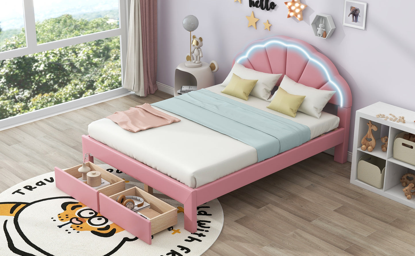 Queen Size Upholstered Platform Bed with Seashell Shaped Headboard, LED and 2 Drawers, Pink