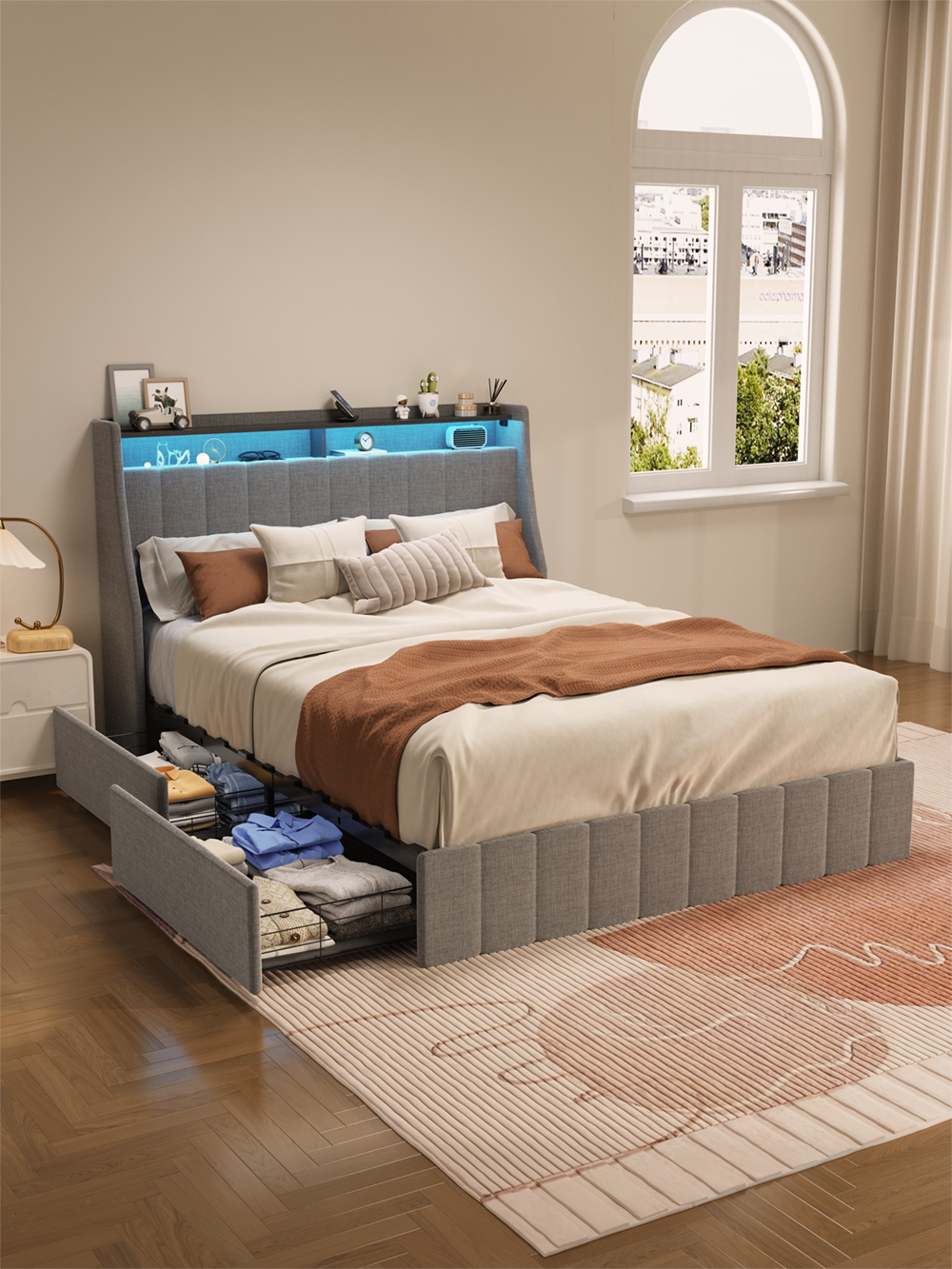 Full Size Upholstered Platform Bed with Drawers, LED, Wings Headboard Design, Light Grey