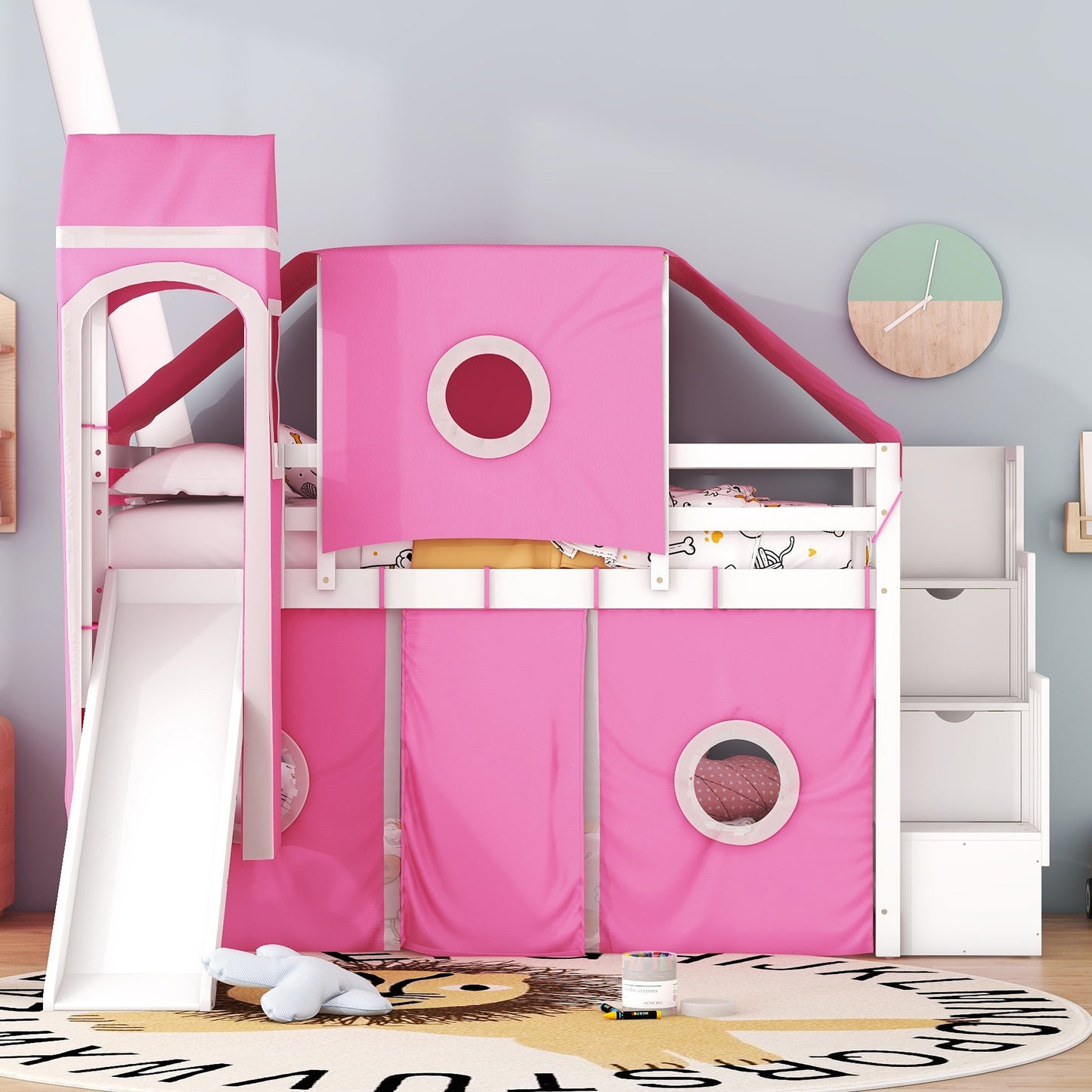 Twin Size Loft Bed with Tent and Tower - Pink