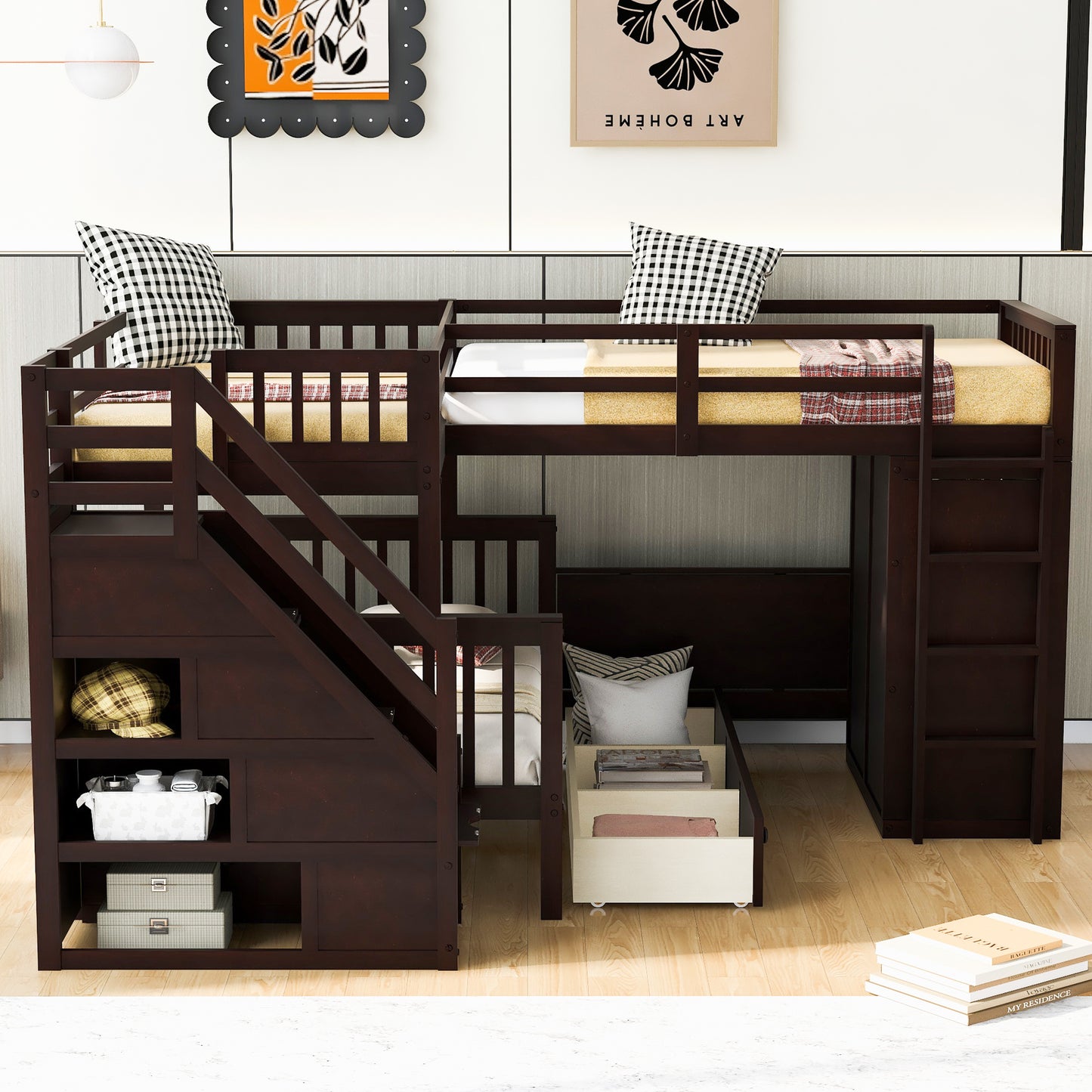 Twin-Twin over Full L-Shaped Bunk Bed With 3 Drawers, Portable Desk and Wardrobe, Espresso