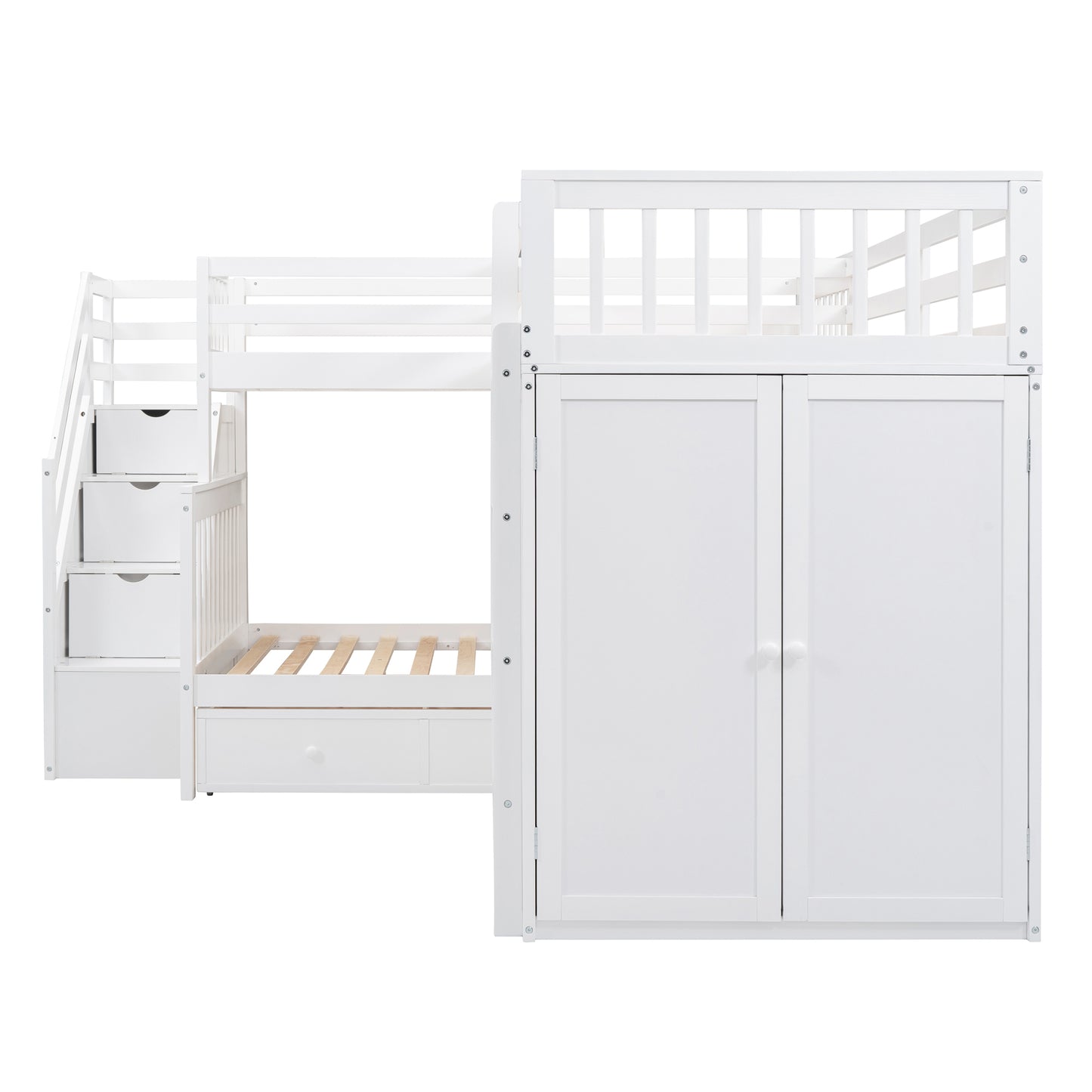 Twin-Twin over Full L-Shaped Bunk Bed With 3 Drawers, Portable Desk and Wardrobe, White