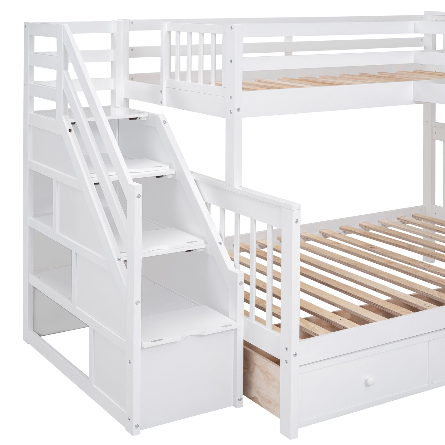 Twin-Twin over Full L-Shaped Bunk Bed With 3 Drawers, Portable Desk and Wardrobe, White