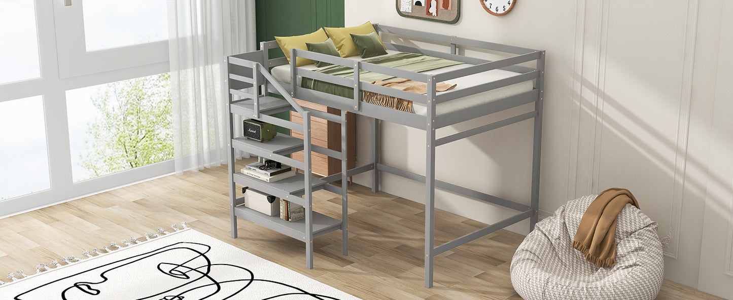 Full Size Loft Bed with Built-in Storage Staircase and Hanger for Clothes, Gray