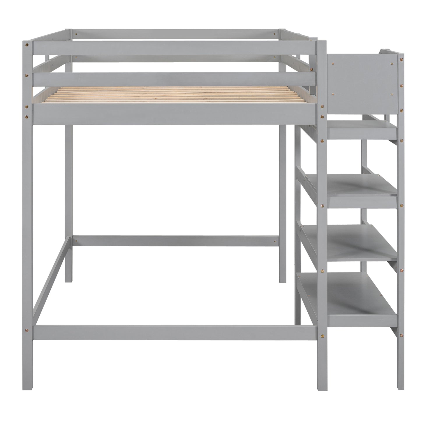 Full Size Loft Bed with Built-in Storage Staircase and Hanger for Clothes, Gray