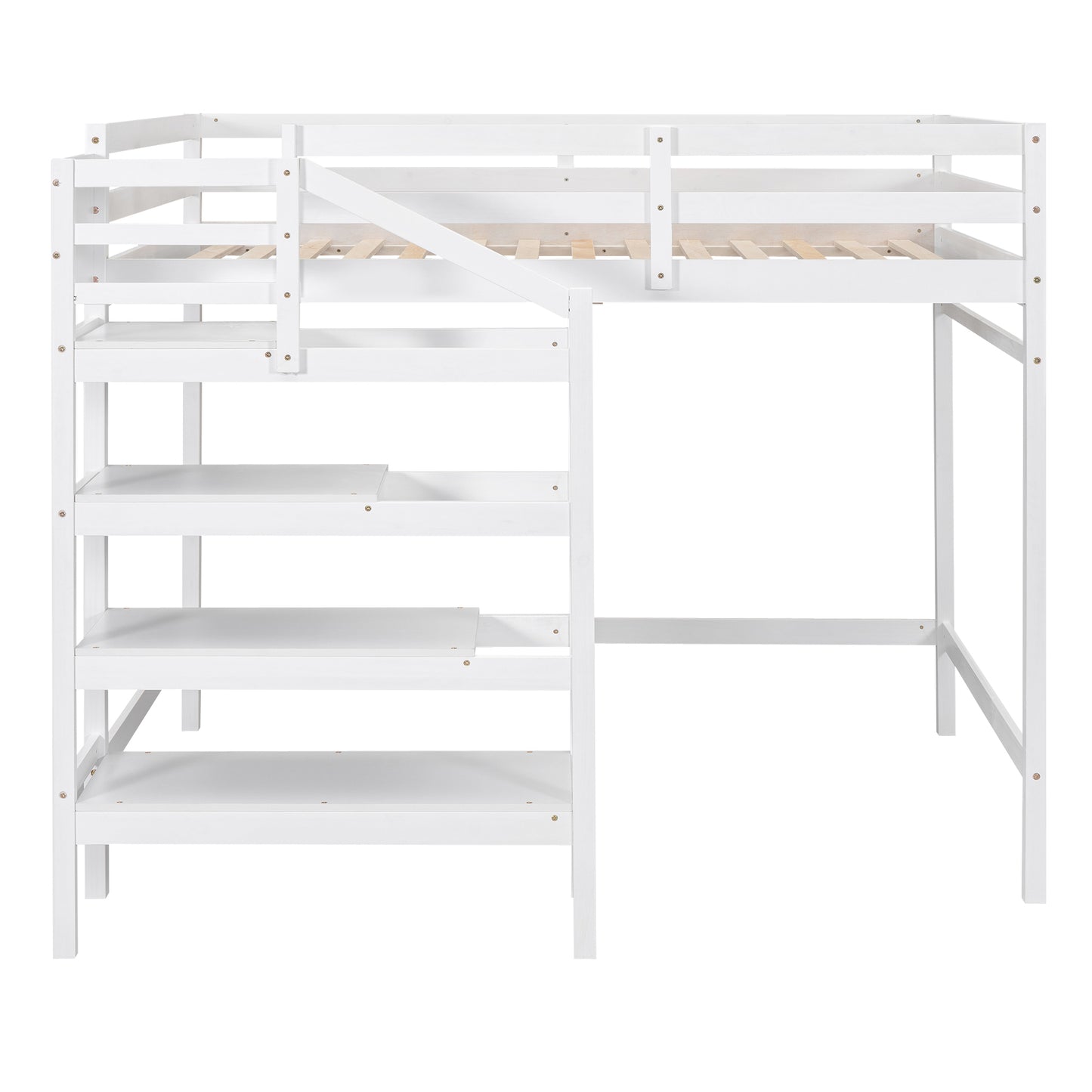 Full Size Loft Bed with Built-in Storage Staircase and Hanger for Clothes, White