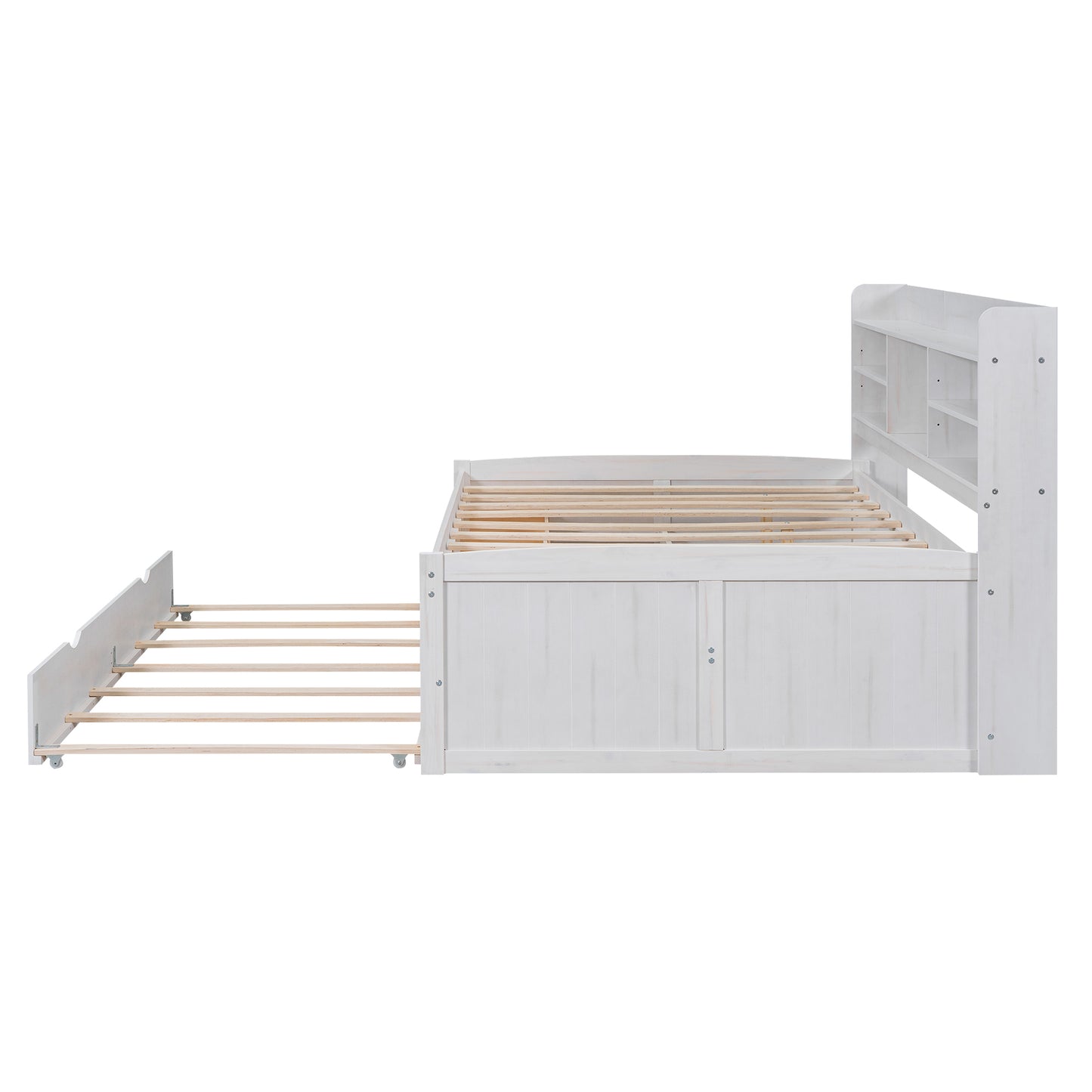 Full Size Wooden Captain Platform Bed with Built-in Bookshelves,Three Storage Drawers and Trundle,White