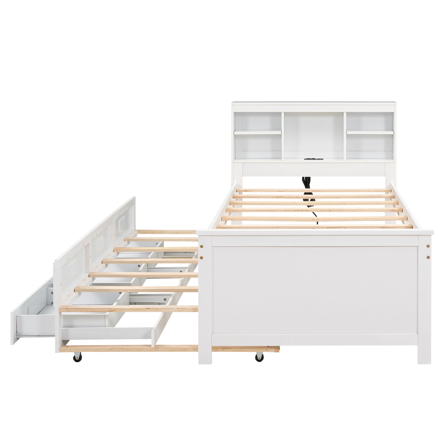 Twin Size Platform Bed with Storage Headboard, USB, Twin Size Trundle and 3 Drawers, White