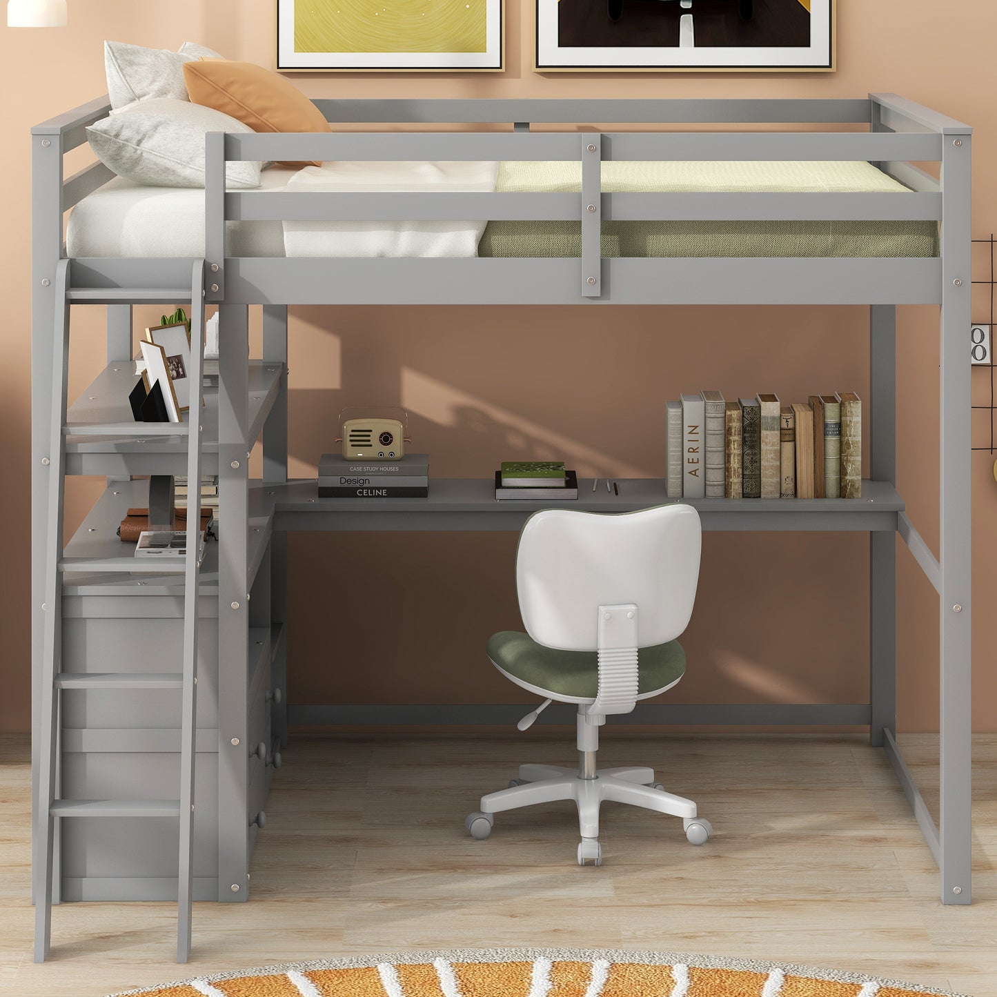 Full Size Loft Bed with Desk and Shelves,Two Built-in Drawers,Gray