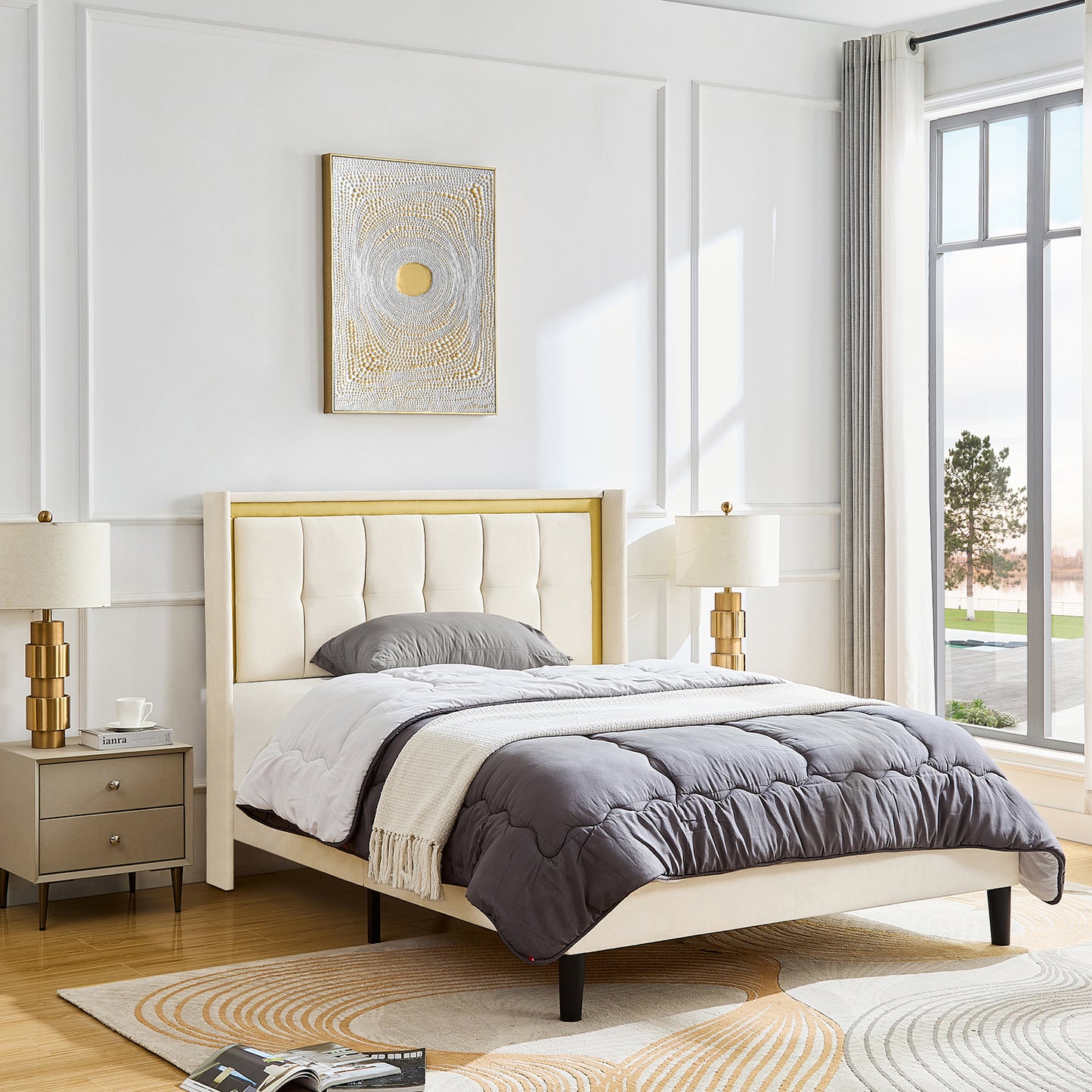 Queen Size Upholstered Platform bed with headboard, sturdy wooden slats, high load-bearing capacity, non-slip and noiseless, no springs, easy to assemble, beige