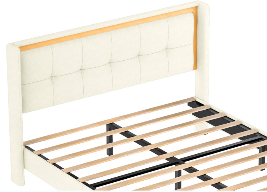 Queen Size Upholstered Platform bed with headboard, sturdy wooden slats, high load-bearing capacity, non-slip and noiseless, no springs, easy to assemble, beige