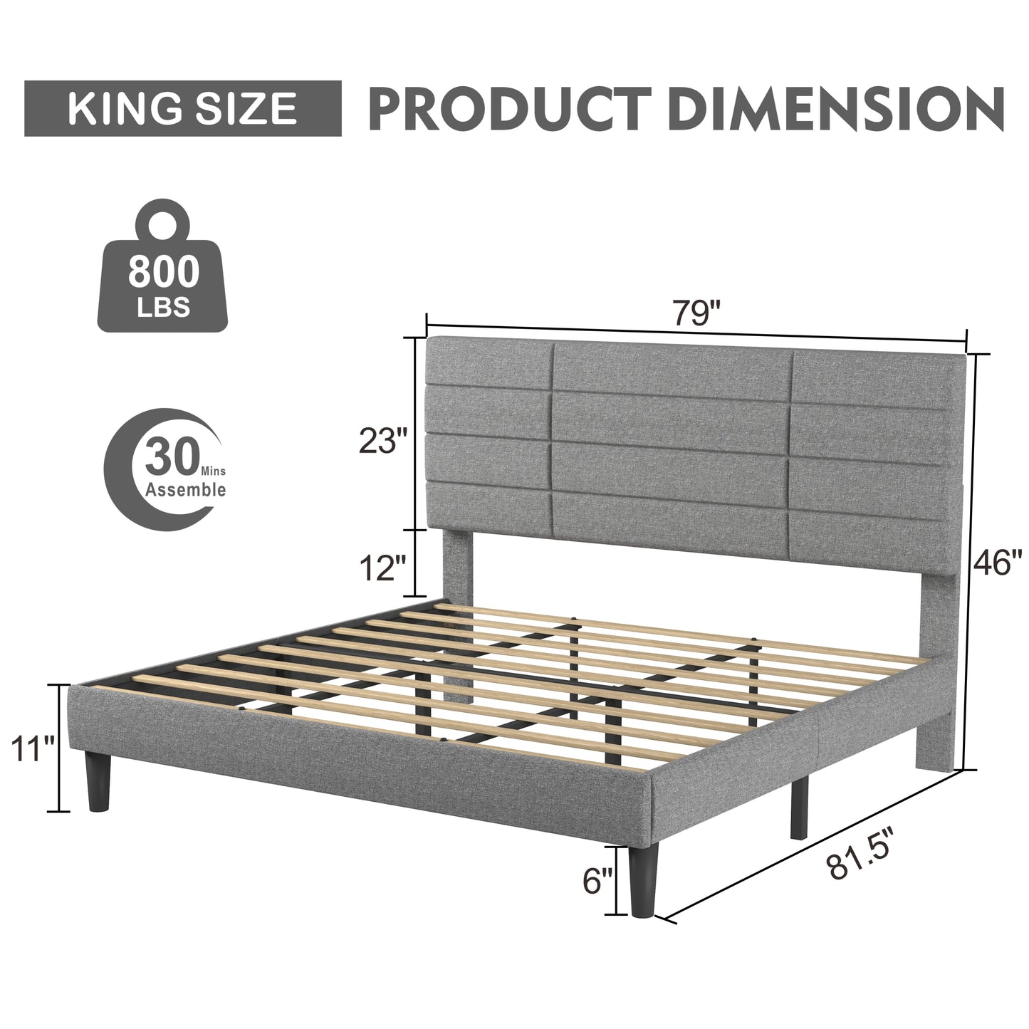 Molblly King Size Platform Bed Frame with Upholstered Headboard, Strong Frame, and Wooden Slats Support, Non-Slip, and Noise-Free, No Box Spring Needed, Easy Assembly, Light Grey
