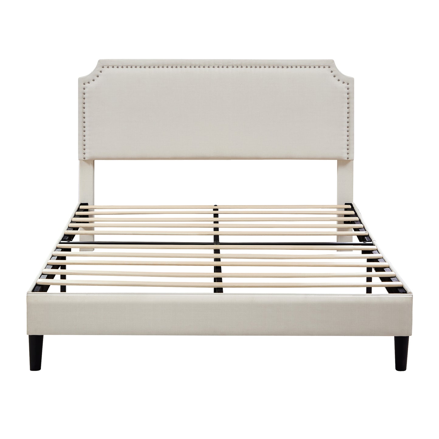 Full Size Frame Platform Bed with Upholstered Headboard and Slat Support, Heavy Duty Mattress Foundation, No Box Spring Required, Easy to Assemble,Beige