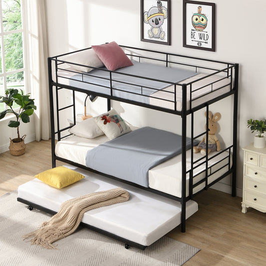 Over Twin Bunk Bed Frame with Trundle,Metal Bunkbed with Sturdy Guard Rail and 2 sideLadders for Kids/Adults,Can be Divided Into Two Beds, No Box Spring Needed, Noise Free for Dorm,Black