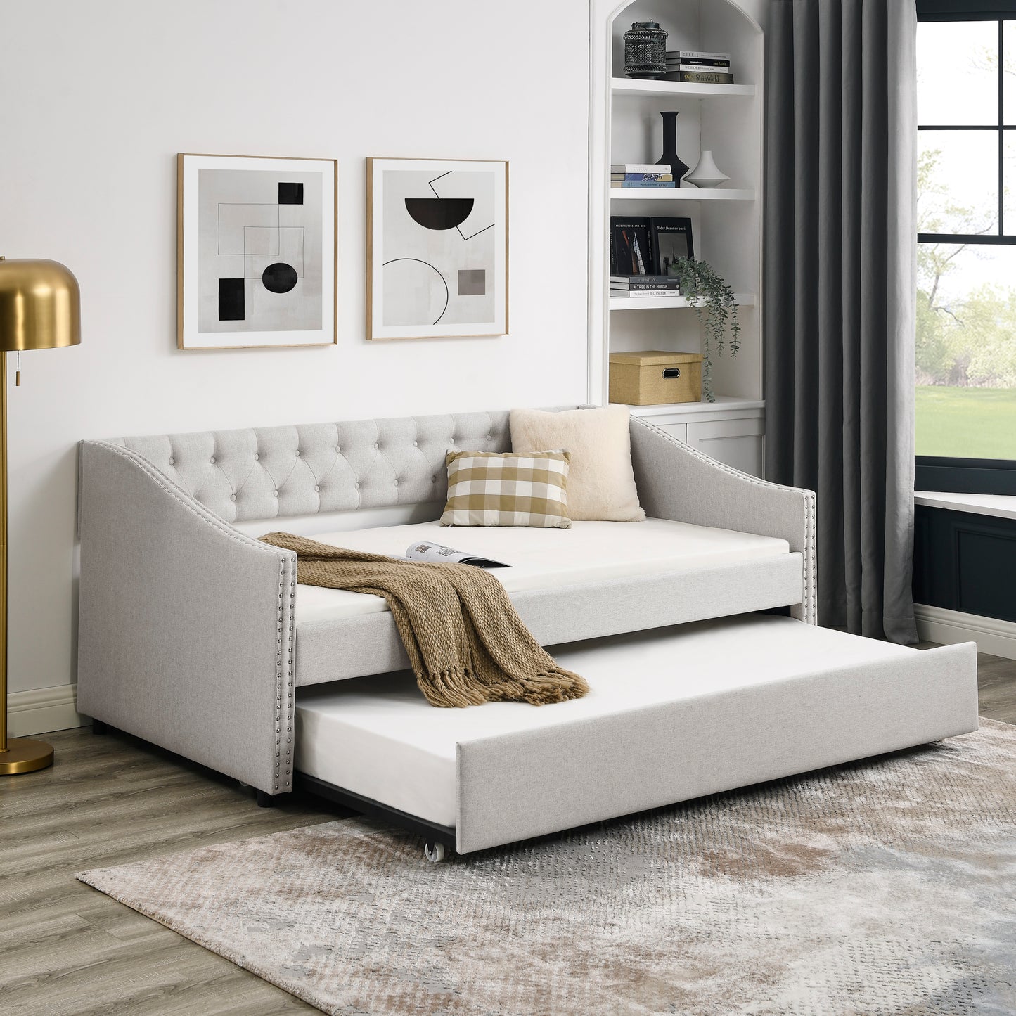 Twin Size Daybed with Twin Size Trundle Upholstered Tufted Sofa Bed, with Button on Back and Copper Nail on Waved Shape Arms, Beige (80.5"x41"x30.5")