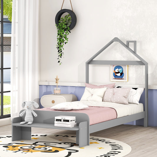 Twin Size Wood Platform Bed with House-shaped Headboard and Footboard Bench,Grey