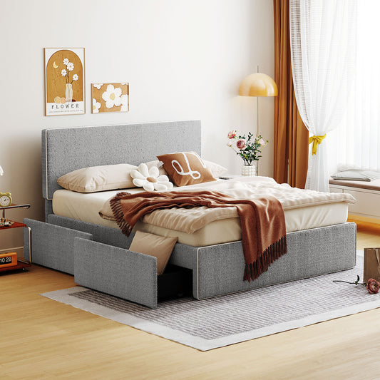 Full Size Upholstered Platform Bed with 4 Drawers and White Edge on the Headboard & Footboard, Gray