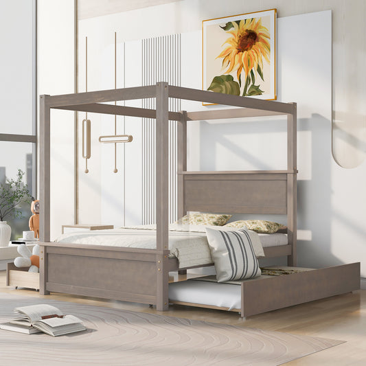Wood Canopy Bed with Trundle Bed and two Drawers ,Full Size Canopy Platform bed With Support Slats .No Box Spring Needed, Brushed Light Brown