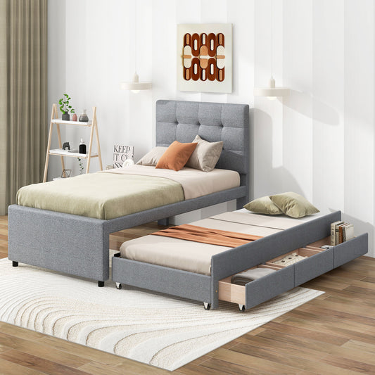 Twin Size Upholstered Platform Bed with Pull-out Twin Size Trundle and 3 Drawers, Gray