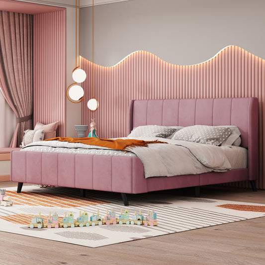 Queen Size Upholstered Platform Bed, Velvet, Pink