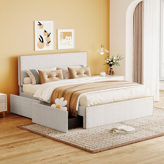Full Size Upholstered Platform Bed with 4 Drawers and Golden Edge on the Headboard & Footboard, White