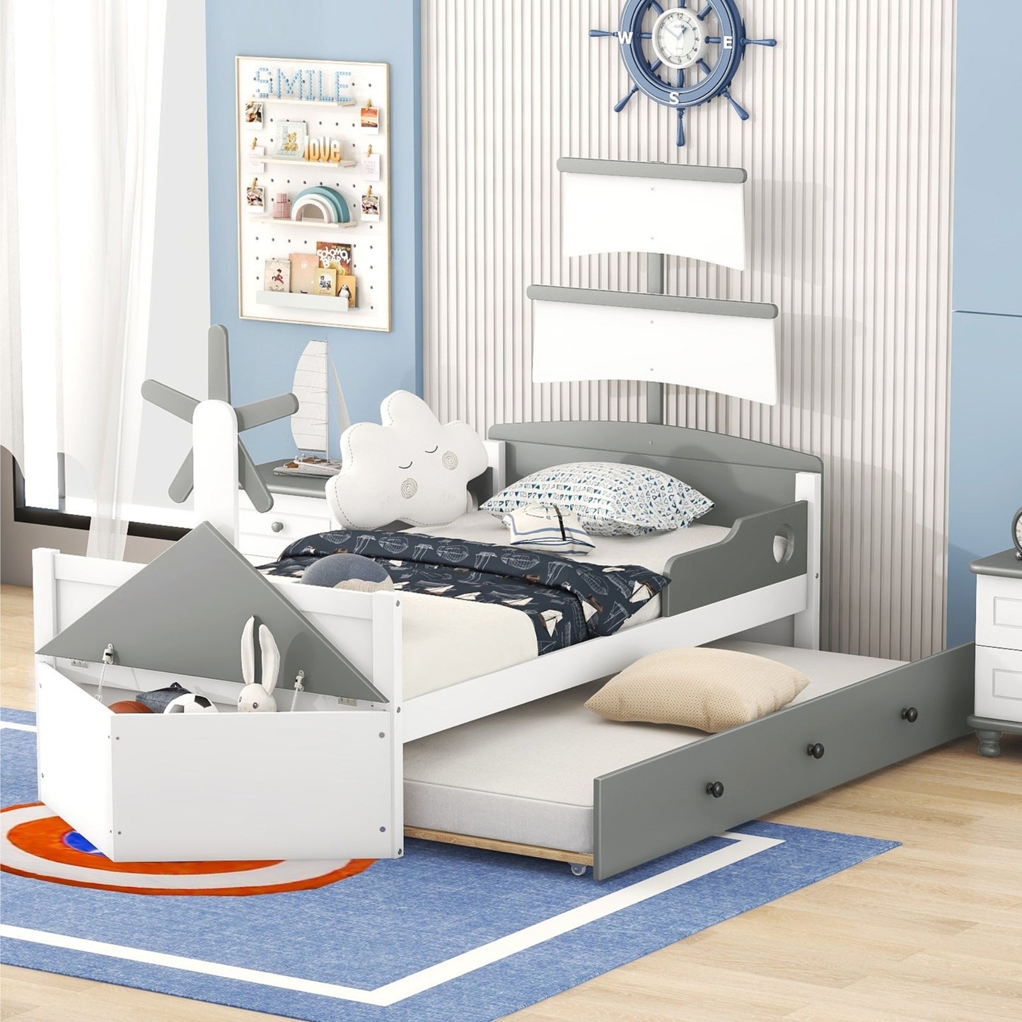Twin Size Boat-Shaped Platform Bed with Twin size Trundle,Twin Bed with Storage for Bedroom,Gray