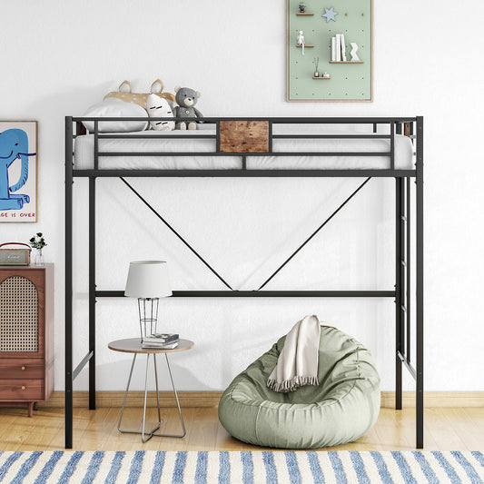 Metal Twin Loft Bed Frame with Stairs & Full-Length Guardrail, Space-Saving Design, No Box Spring Needed,, Noise Free, Black